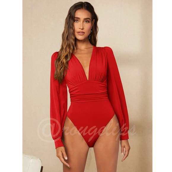 Red Elegant V neck Bodysuit Long Bishop Sleeves Stretchy Ruched Waist - Picture 4 of 10